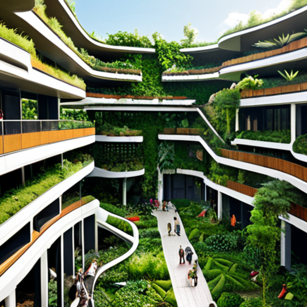 **Prompt 1:** A vibrant, futuristic urban landscape showcasing seamless integration of architecture and nature. Modern buildings are adorned with extensive vertical gardens, cascading rooftop parks, and deep, lush courtyards that blur the lines between indoor and outdoor spaces. Sunlight permeates through biophilic structures. People are seen enjoying these harmonious environments, fostering a sense of community and well-being. Emphasize a fluid, organic aesthetic with high detail, lush greenery, and comfortable human-centric spaces.
