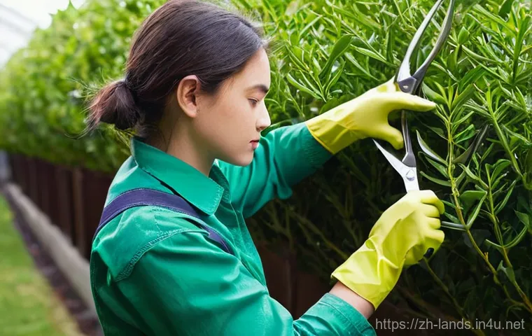 조경 실기 시험장 준비물 리스트 - **Prompt 1: The Art of Pruning and Shaping**
    A focused young landscape architecture student, wea...