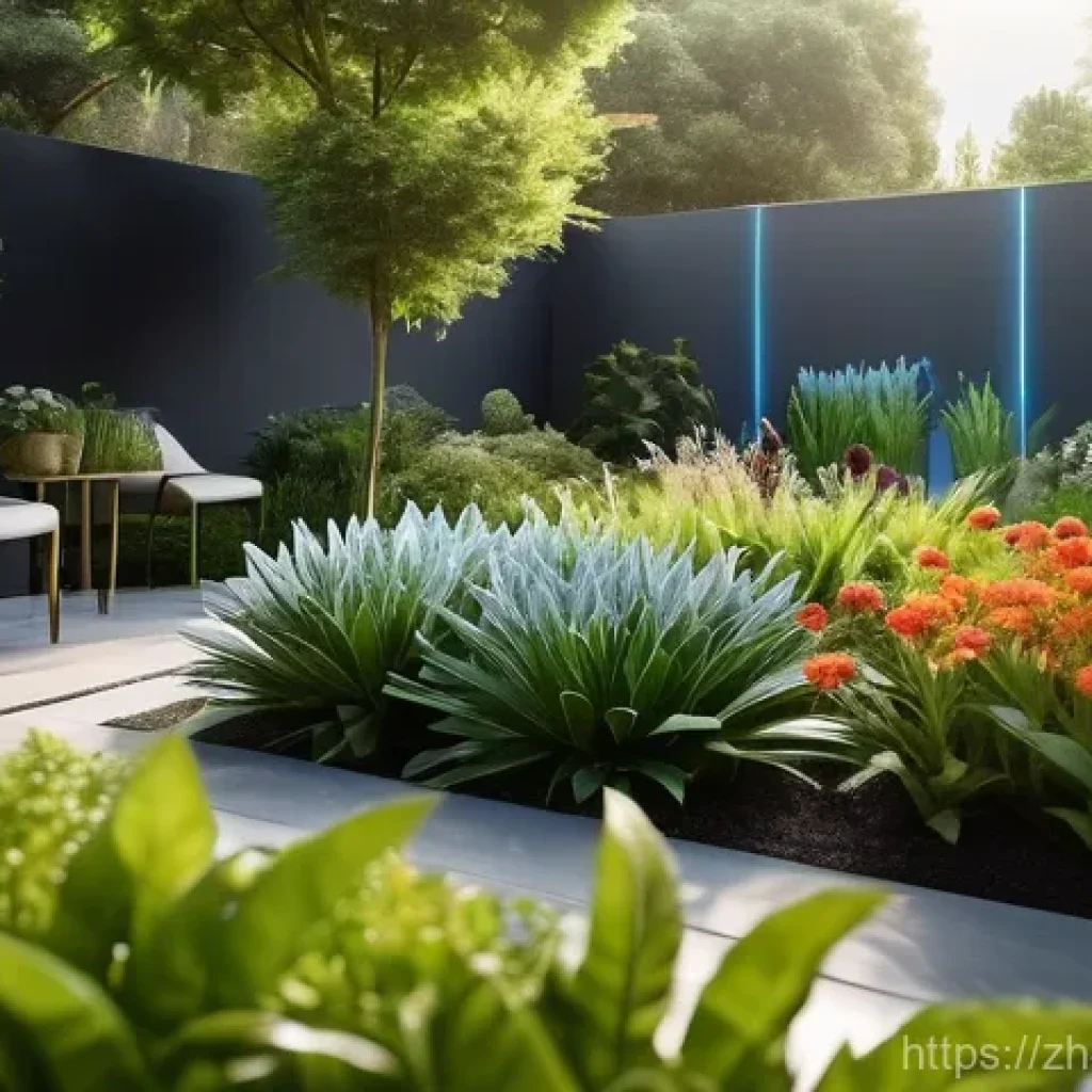 조경 분야에서의 AI 기술 활용 사례 - **Prompt:** A lush, vibrant modern garden bathed in soft morning light. Dew drops are visible on a v...