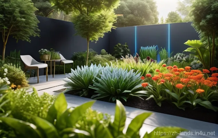조경 분야에서의 AI 기술 활용 사례 - **Prompt:** A lush, vibrant modern garden bathed in soft morning light. Dew drops are visible on a v...