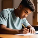 조경 자격증 대비 모의고사 활용법 - **Prompt:** A young male student, in his early twenties, sits intensely focused at a modern wooden d...