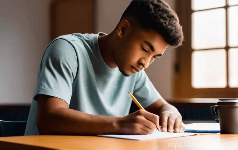 조경 자격증 대비 모의고사 활용법 - **Prompt:** A young male student, in his early twenties, sits intensely focused at a modern wooden d...