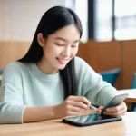 조경 자격증 공부 시 추천 어플리케이션 - **Prompt:** A young East Asian female student, around 20-25 years old, sits comfortably in a modern,...