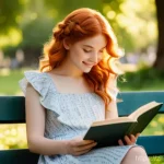 조경 관련 공공시설 관리 사례 - A young woman, around 20 years old, with vibrant red hair styled in loose waves, wearing a stylish v...