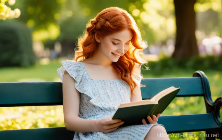 조경 관련 공공시설 관리 사례 - A young woman, around 20 years old, with vibrant red hair styled in loose waves, wearing a stylish v...