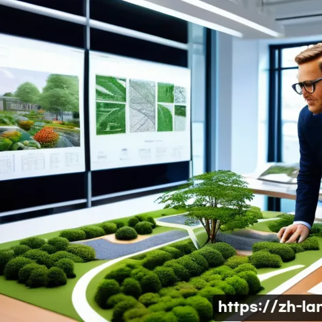 조경기사와 조경산업기사의 차이 - A professional landscape architect in an office environment, deeply focused on designing a detailed ...
