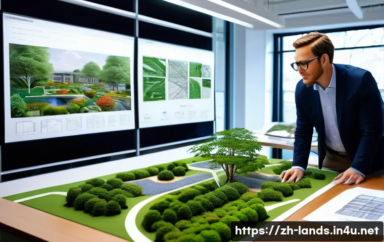 조경기사와 조경산업기사의 차이 - A professional landscape architect in an office environment, deeply focused on designing a detailed ...