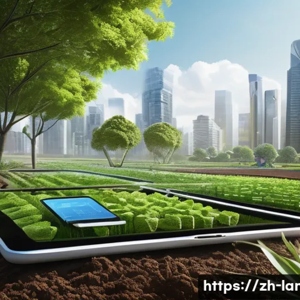 조경 분야의 새로운 비즈니스 모델 - A futuristic smart garden scene featuring IoT sensors embedded in soil, monitoring soil moisture and...