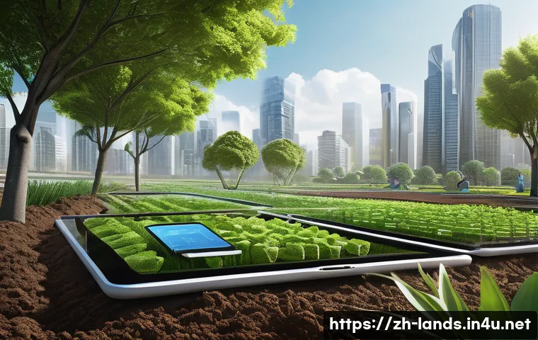 조경 분야의 새로운 비즈니스 모델 - A futuristic smart garden scene featuring IoT sensors embedded in soil, monitoring soil moisture and...
