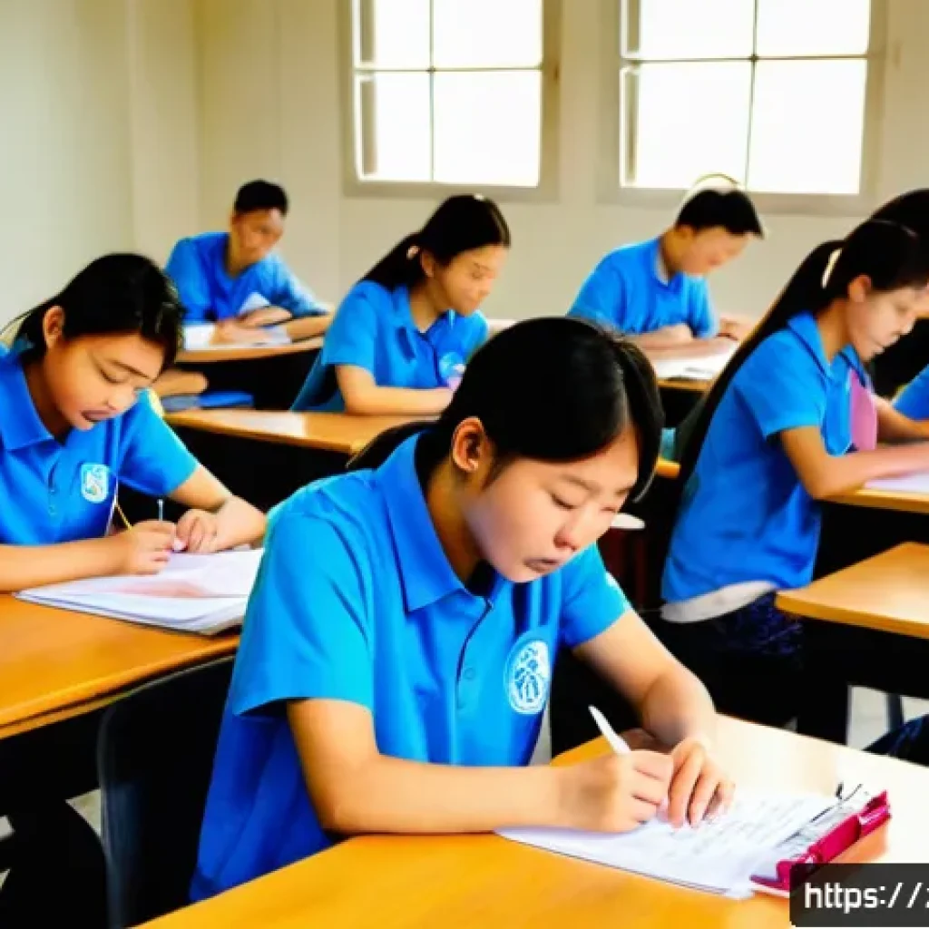 조경 자격증 시험장의 분위기 - A detailed scene inside a modern Chinese exam hall filled with young adult candidates preparing for ...