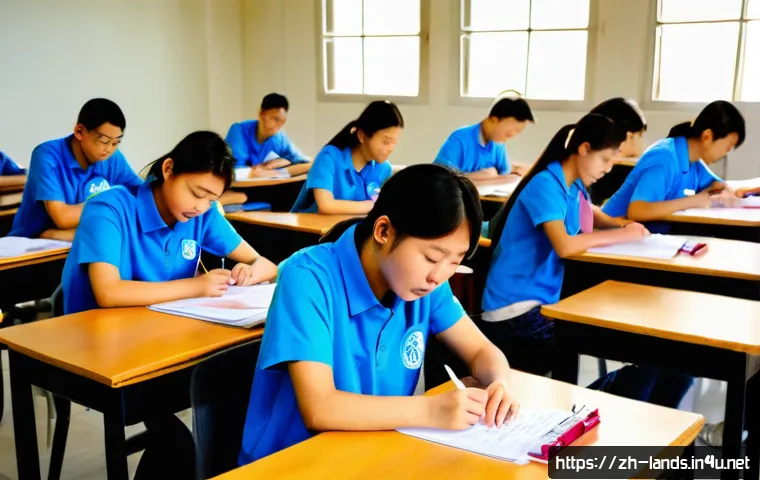 조경 자격증 시험장의 분위기 - A detailed scene inside a modern Chinese exam hall filled with young adult candidates preparing for ...