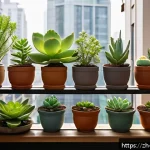 조경 초보자를 위한 학습 로드맵 - A cozy urban balcony garden scene in modern Chinese style, featuring a variety of potted plants incl...