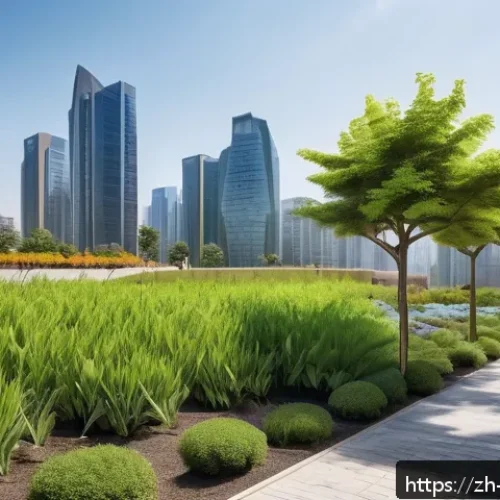 조경 프로젝트와 환경 법규 준수 - A modern urban park landscape design emphasizing green compliance, featuring layered plantings of dr...