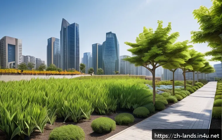 조경 프로젝트와 환경 법규 준수 - A modern urban park landscape design emphasizing green compliance, featuring layered plantings of dr...