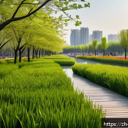 조경 관련 해외 사례 연구 - A modern urban wetland park in Beijing during spring, featuring lush green native plants, layered ve...