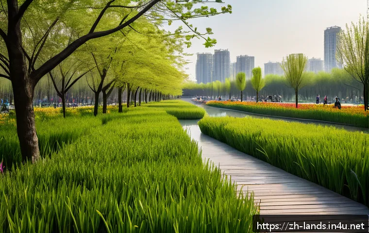 조경 관련 해외 사례 연구 - A modern urban wetland park in Beijing during spring, featuring lush green native plants, layered ve...