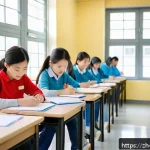 조경 자격증 시험장에서의 유의사항 - A modern examination room scene in a Chinese testing center, showing a diverse group of focused stud...
