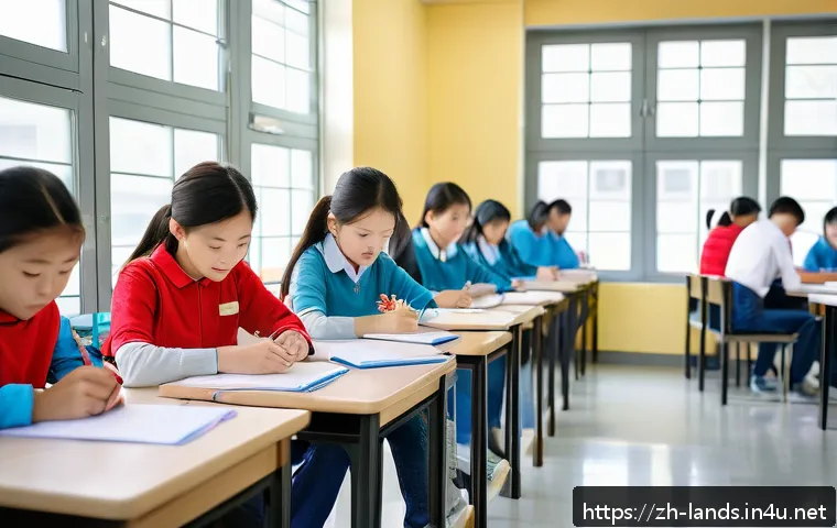 조경 자격증 시험장에서의 유의사항 - A modern examination room scene in a Chinese testing center, showing a diverse group of focused stud...