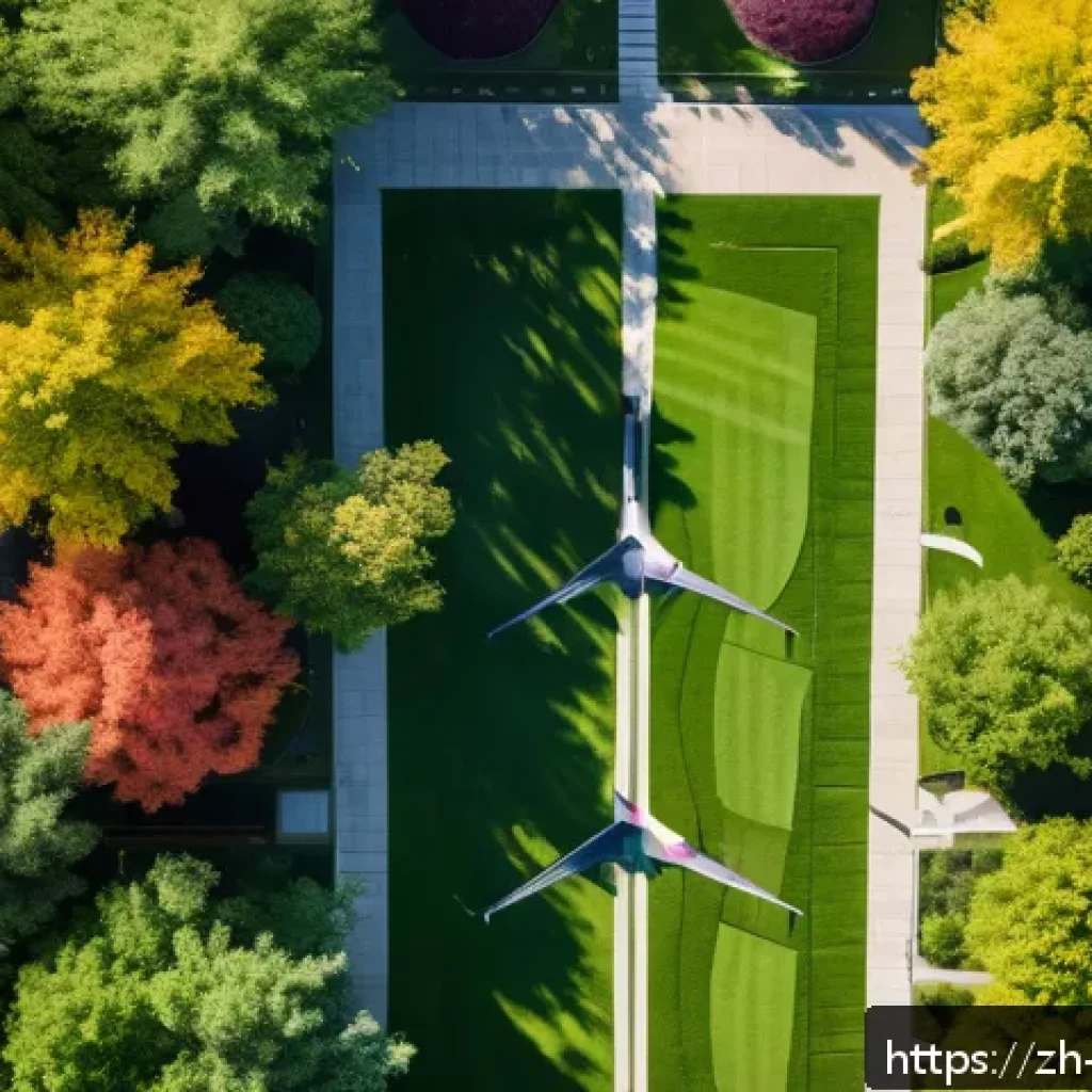 조경 기술과 드론 활용 사례 - A high-resolution aerial view of a lush urban park during early autumn, captured by a drone equipped...
