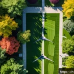 조경 기술과 드론 활용 사례 - A high-resolution aerial view of a lush urban park during early autumn, captured by a drone equipped...