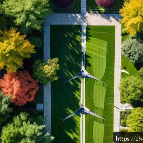 조경 기술과 드론 활용 사례 - A high-resolution aerial view of a lush urban park during early autumn, captured by a drone equipped...