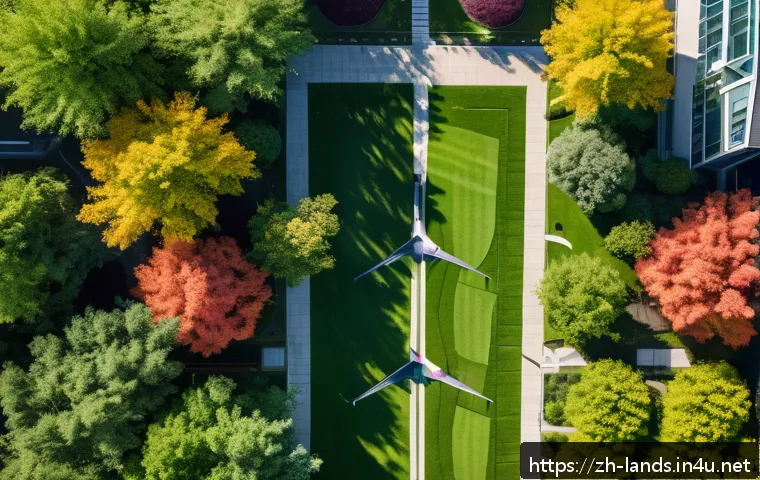 조경 기술과 드론 활용 사례 - A high-resolution aerial view of a lush urban park during early autumn, captured by a drone equipped...