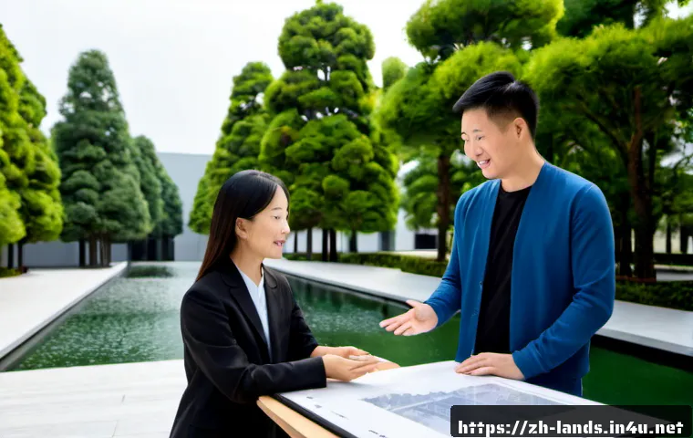 조경 프로젝트 프레젠테이션 팁 - Photorealistic landscape architect presenting a detailed physical site model to two attentive client...