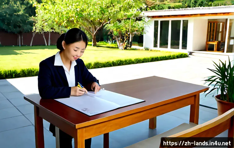 조경 기사 자격증 합격자 리뷰 - Photorealistic scene of a proud adult landscape architecture certification exam passer reviewing a c...