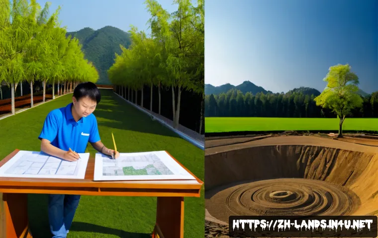 조경 이론 vs 실무  차이와 중요성 - Photorealistic split-scene comparison of landscape design theory and field practice: a landscape arc...