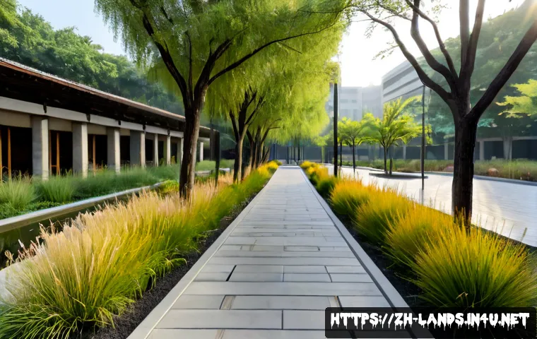 조경 분야의 글로벌 트렌드 - Photorealistic wide-angle view of a climate-resilient urban park, native grasses and drought-toleran...