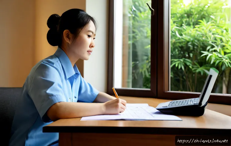 조경직 공무원 준비 과정 - Photorealistic scene of a focused East Asian adult preparing for a landscaping civil service examina...